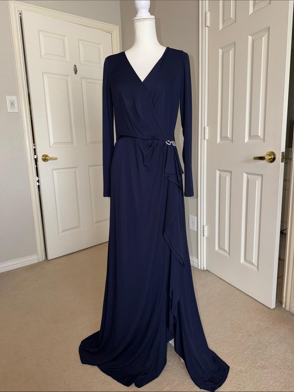 Lauren Ralph Lauren Navy Long Sleeve Faux Wrap Gown Rhinestone Embellishment, 8